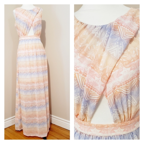 CUT-OUT PASTEL AZTEC CHIFFON LINED MAXI DRESS - Picture 1 of 12